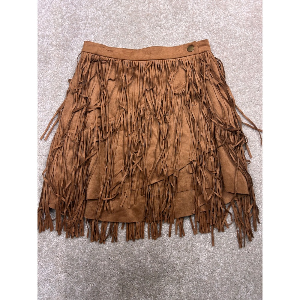 Blue B Collection Fringe Mini Skirt S Brown Faux Suede Western Boho Festival